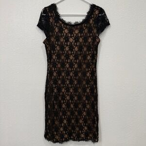 Lapis Black Lace Sheath Dress Nude Lined Short Sleeve Mini XL‎